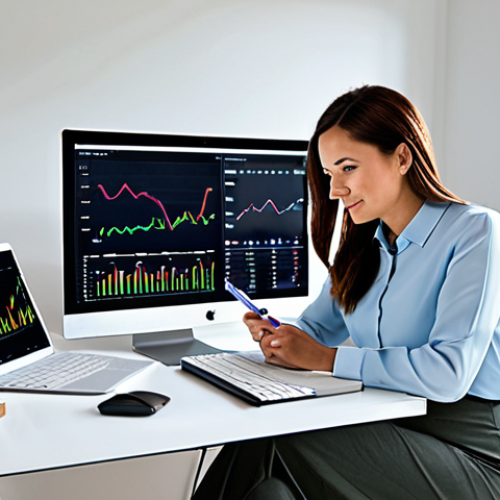 A professional woman in her mid-30s, dressed in a modest business casual outfit including a stylish blouse and tailored trousers, sits at a contemporary ergonomic desk. Her home office is brightly lit with natural light, featuring multiple large monitors displaying dynamic financial charts, social media engagement metrics, and e-commerce dashboards. She holds a digital stylus, thoughtfully engaging with a tablet. The scene conveys a sense of focused productivity and the successful management of diverse digital income streams. Perfect anatomy, correct proportions, natural pose, well-formed hands, proper finger count, natural body proportions. High-resolution, professional photography, soft lighting, sharp focus. Fully clothed, modest clothing, appropriate attire, professional dress, safe for work, appropriate content, family-friendly.