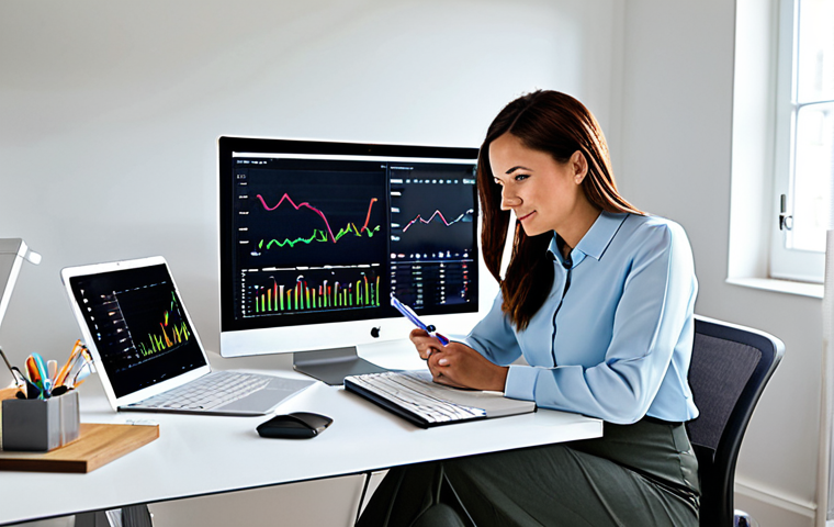 A professional woman in her mid-30s, dressed in a modest business casual outfit including a stylish blouse and tailored trousers, sits at a contemporary ergonomic desk. Her home office is brightly lit with natural light, featuring multiple large monitors displaying dynamic financial charts, social media engagement metrics, and e-commerce dashboards. She holds a digital stylus, thoughtfully engaging with a tablet. The scene conveys a sense of focused productivity and the successful management of diverse digital income streams. Perfect anatomy, correct proportions, natural pose, well-formed hands, proper finger count, natural body proportions. High-resolution, professional photography, soft lighting, sharp focus. Fully clothed, modest clothing, appropriate attire, professional dress, safe for work, appropriate content, family-friendly.