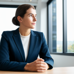 A thoughtful professional person, fully clothed in a modest business blazer and smart trousers, seated at a modern, uncluttered desk. They gaze out a large window, a subtle expression of contemplation and clarity on their face, symbolizing a financial mindset breakthrough and the embrace of new opportunities. The background is a bright, minimalist office space with soft, encouraging lighting, suggesting optimism and new beginnings. safe for work, appropriate content, fully clothed, professional dress, perfect anatomy, correct proportions, natural pose, well-formed hands, proper finger count, natural body proportions, professional photography, high quality.