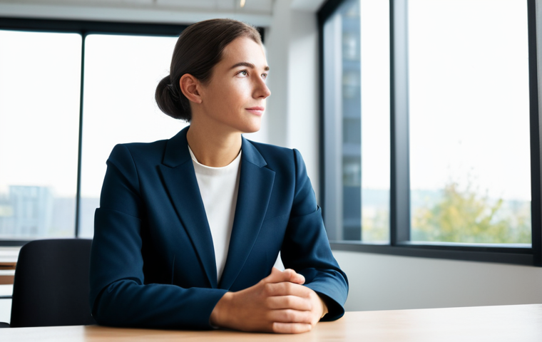 A thoughtful professional person, fully clothed in a modest business blazer and smart trousers, seated at a modern, uncluttered desk. They gaze out a large window, a subtle expression of contemplation and clarity on their face, symbolizing a financial mindset breakthrough and the embrace of new opportunities. The background is a bright, minimalist office space with soft, encouraging lighting, suggesting optimism and new beginnings. safe for work, appropriate content, fully clothed, professional dress, perfect anatomy, correct proportions, natural pose, well-formed hands, proper finger count, natural body proportions, professional photography, high quality.