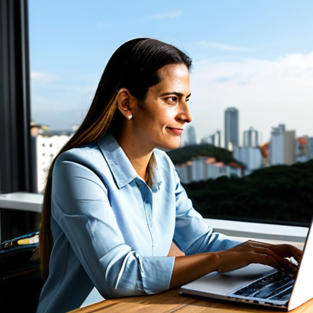 **
"A successful Brazilian entrepreneur in her late 30s, wearing a stylish yet modest business casual outfit (fully clothed), working on a laptop at a modern co-working space in São Paulo, Brazil, with a view of Avenida Paulista in the background. She's analyzing investment charts and data. The scene includes subtle elements of Brazilian art. Safe for work, appropriate content, professional, perfect anatomy, natural proportions, high quality, family-friendly."
**