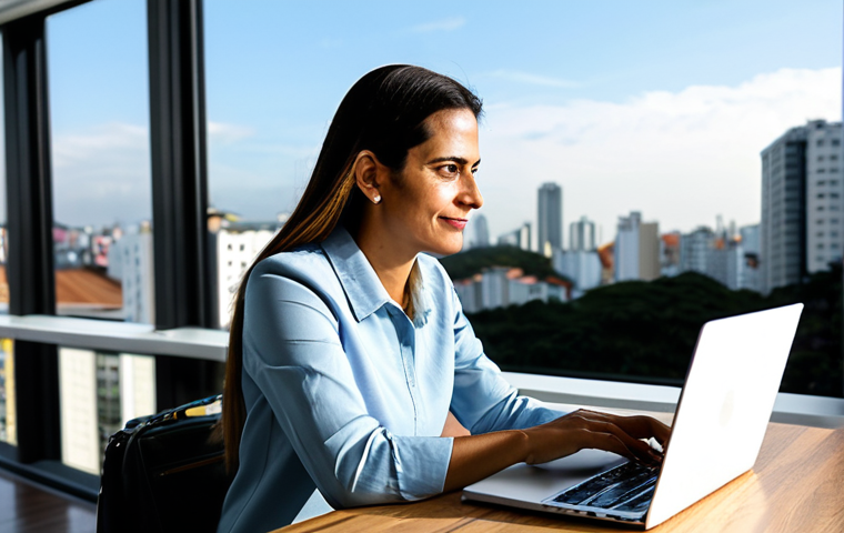 **
"A successful Brazilian entrepreneur in her late 30s, wearing a stylish yet modest business casual outfit (fully clothed), working on a laptop at a modern co-working space in São Paulo, Brazil, with a view of Avenida Paulista in the background. She's analyzing investment charts and data. The scene includes subtle elements of Brazilian art. Safe for work, appropriate content, professional, perfect anatomy, natural proportions, high quality, family-friendly."
**