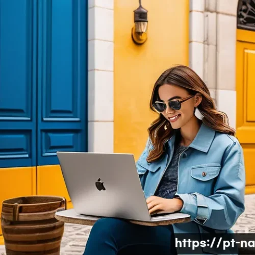 Home 29 여행 블로그로 다중 수입원 만들기 - A vibrant travel blogger sitting at a cozy café terrace in Lisbon, Portugal, working on a laptop sur...