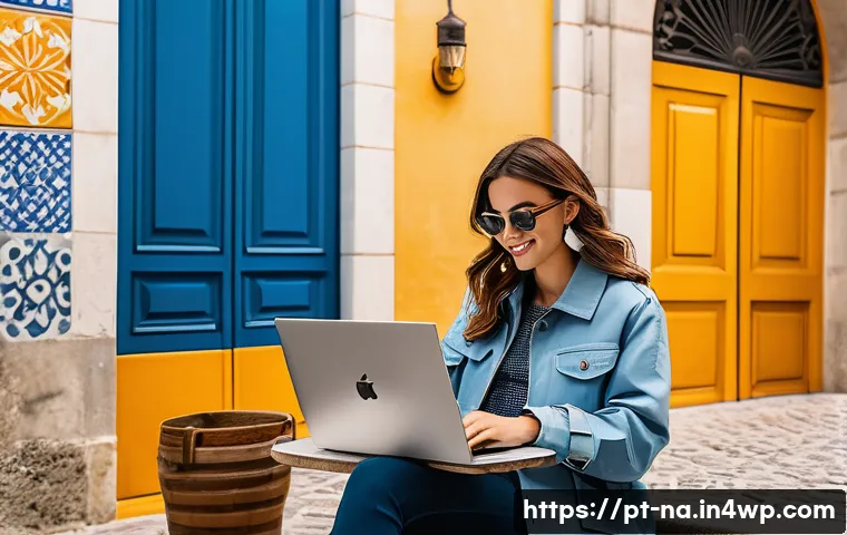 여행 블로그로 다중 수입원 만들기 - A vibrant travel blogger sitting at a cozy café terrace in Lisbon, Portugal, working on a laptop sur...