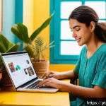 Home 21 다중 수입원 성공 사례 분석 - A vibrant Brazilian home office setup with a young entrepreneur working on a laptop, surrounded by h...