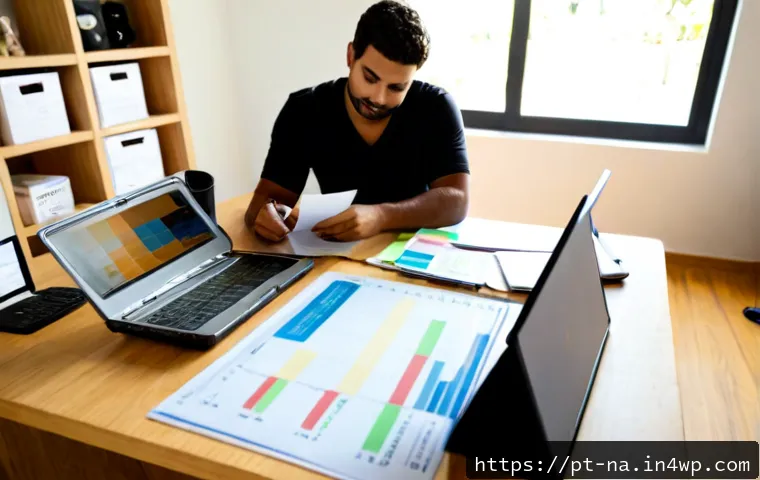비즈니스 아이디어로 수익원 다각화하기 - Photorealistic Brazilian entrepreneur in a bright home office, calmly reviewing several small busine...